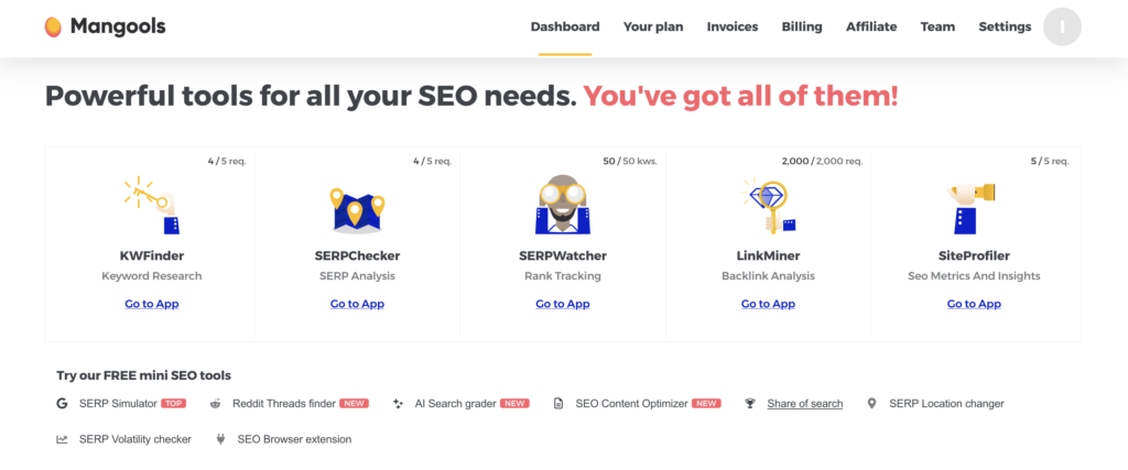 Mangools dashboard