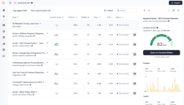 surferseo dashboard