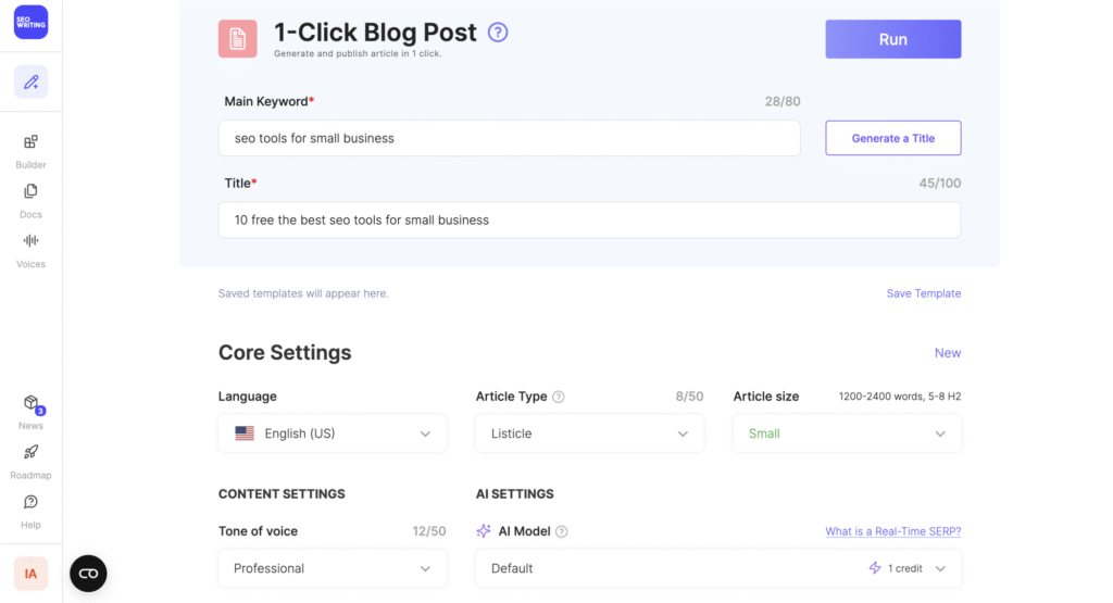 SEO Writing AI 1 click blog post generator