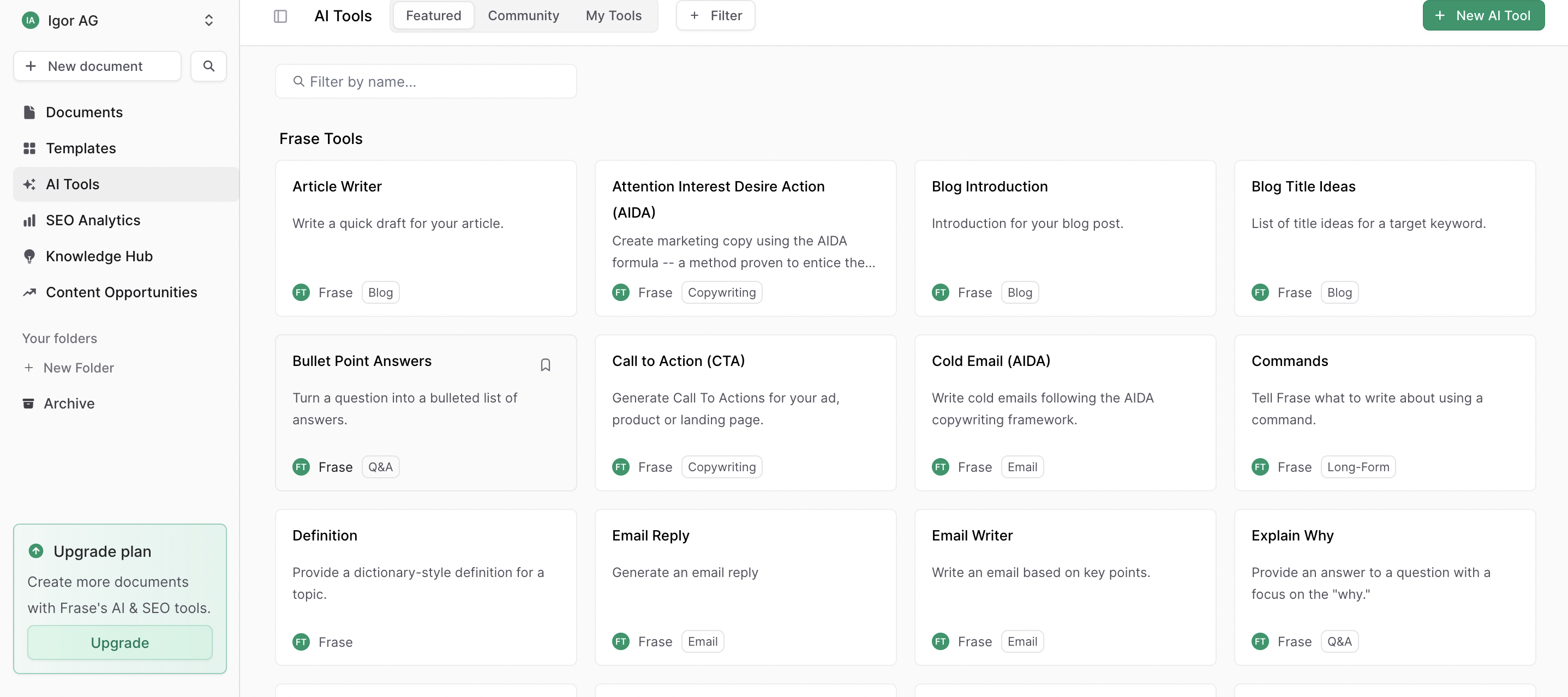 frase.io dashboard