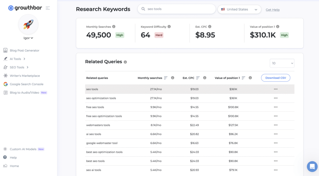 growthbar keyword research