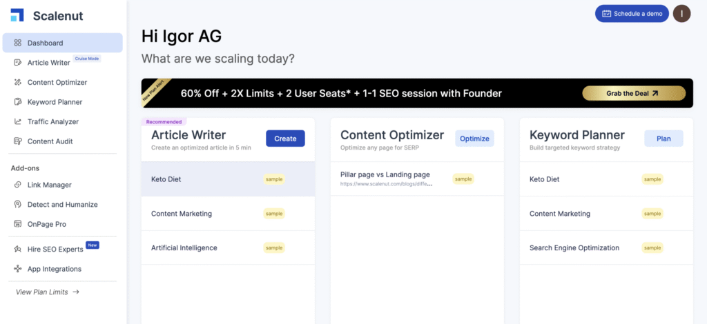 Scalenut dashboard