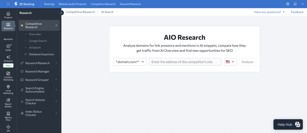 AIO research tool by SE Ranking