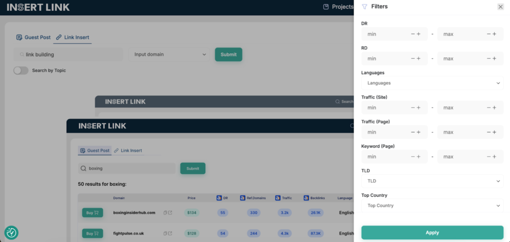 INSERT.LINK filters by country, language, keywords, TLD, DR, and traffic