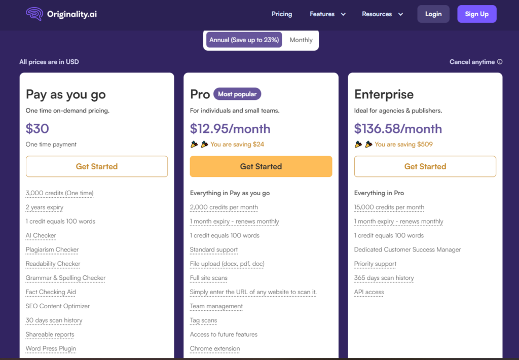 Originality AI pricing